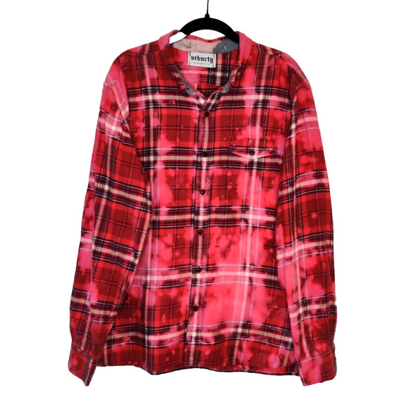 URBNVTG Mens Jakke Patch Flannel Size XL Red Upcycled OOAK 90s Grunge Acid Wash - Picture 7 of 16